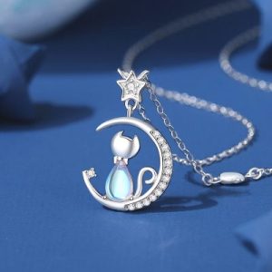 Dây chuyền bạc mèo nhỏ và mặt trăng